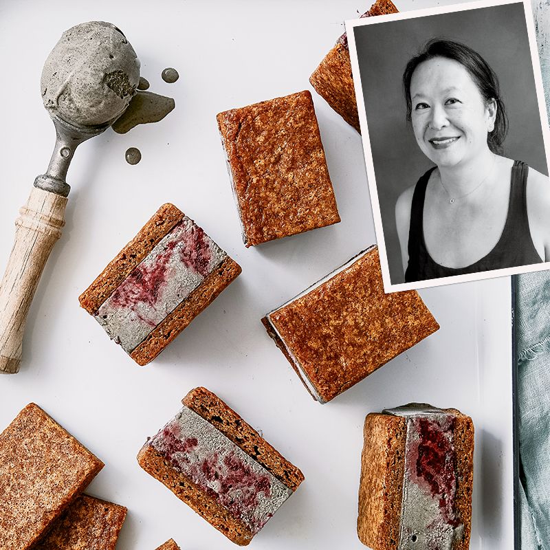 Black-Sesame & Plum-Ripple Ice cream Sandwiches on Ginger-Sorghum Blondies