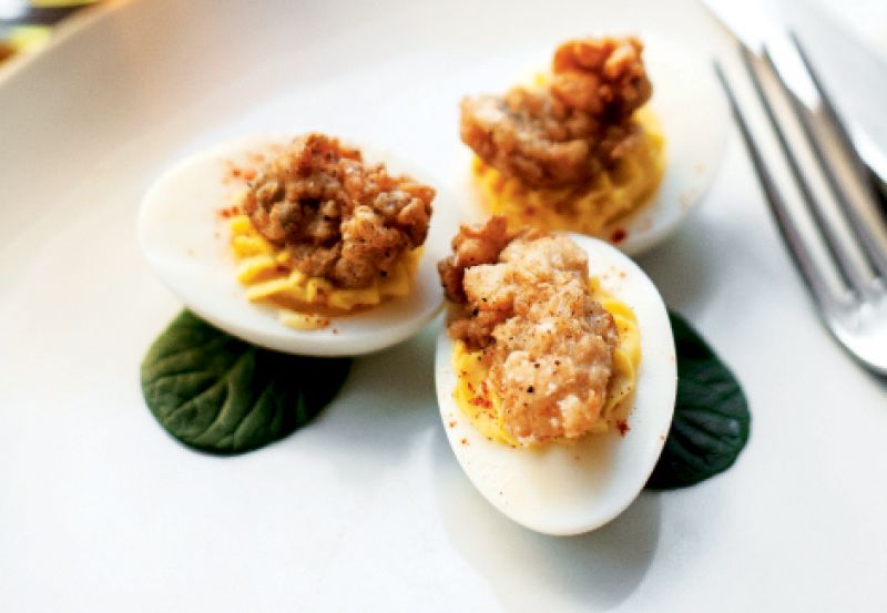 Deviled Eggs with Fried Oysters