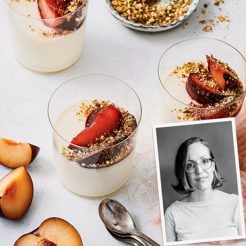 Lemon Posset with Pan-roasted plums & Pistachios