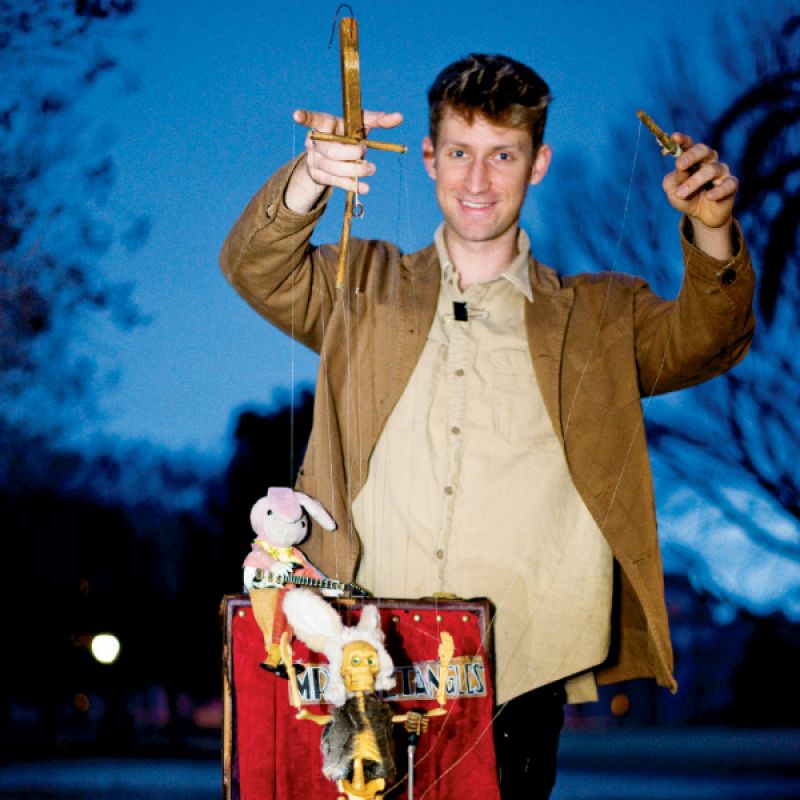 Will Schutze and his marionette, Mr. Bonetangles