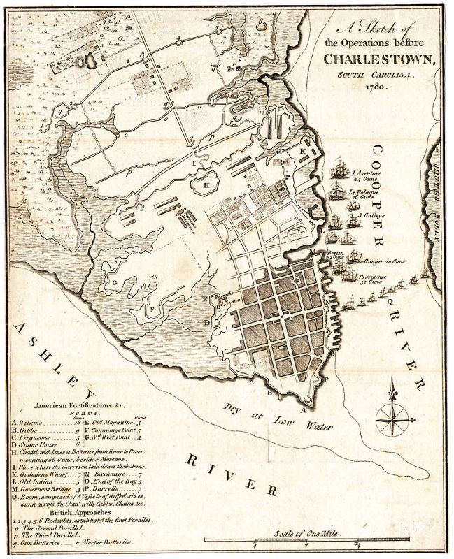 The British Are Coming: A Revolutionary era map of Charlestown in 1780, including fortifications, Gadsden’s Wharf, and 10 vessels moored in the harbor, prior to city’s fall to the British