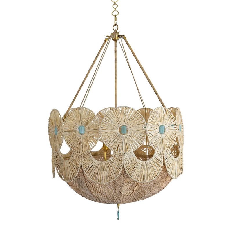 The design process typically begins with a sketch, such as this brass and rattan “Robbie” chandelier.