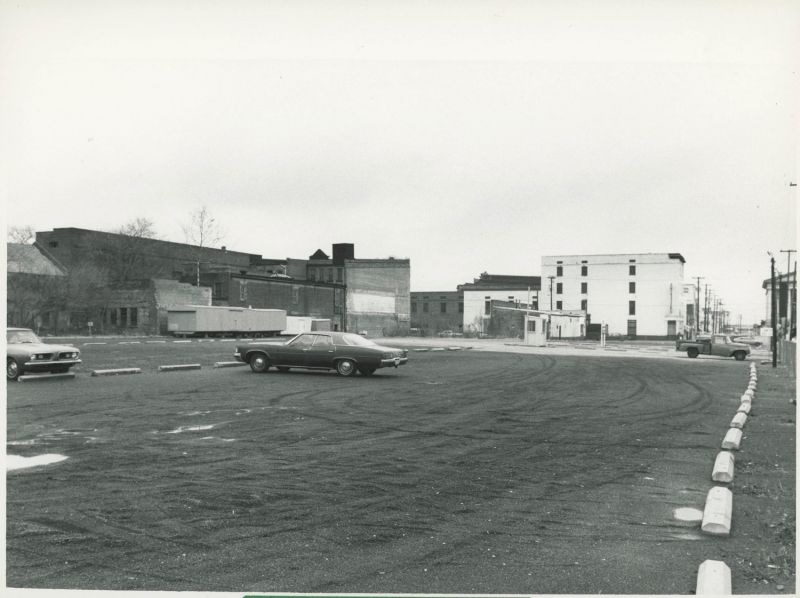 1977: Survey images of the area where the "Charleston Center" (Charleston Place) would be developed: the Belk parking lot from the corner of King and Market streets