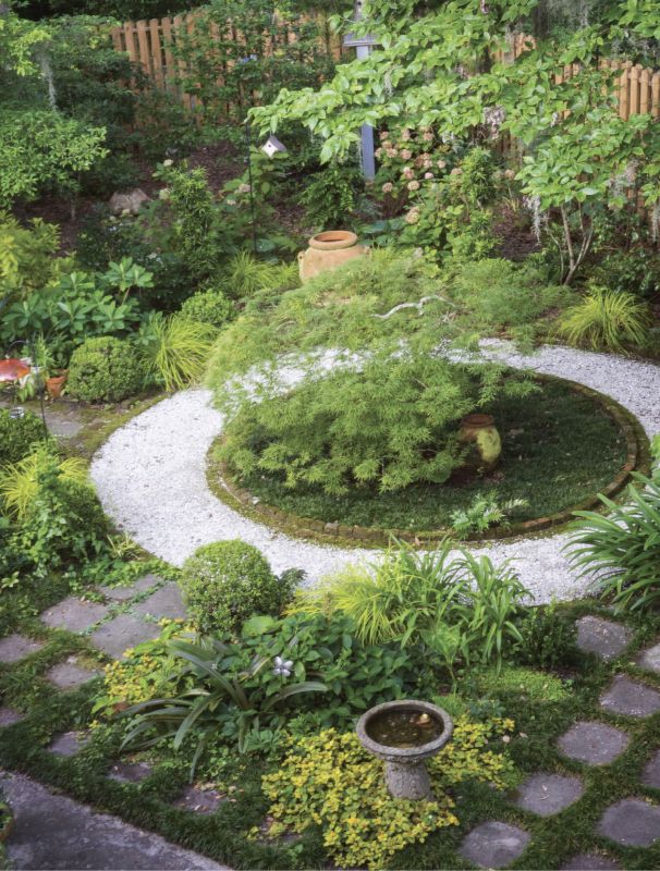 Geometry Rules: Rivers has always favored her shaded West Ashley backyard over the sunny front. Here, under the high canopies of three live oaks, a brick mason helped create a series of circles, squares, and rectangles around a central weeping Japanese maple. Ball-shaped boxwoods mark the entrances to paths leading deeper into the garden, which is filled with a richly textured array of plants that thrive in shade and dappled light.