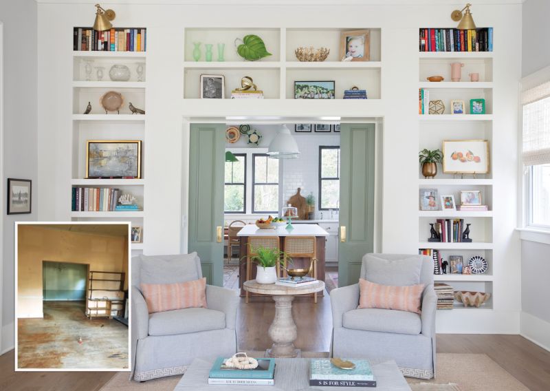 Three’s A Crowd: This part of the house was originally the living and dining rooms, with a galley-style kitchen to the side. The Hamnetts moved the dining area to accommodate a large open kitchen. They added the built-in bookshelves to the living room wall and reused two existing pocket doors (now painted in Farrow & Ball’s “Card Room Green”) to separate the spaces.