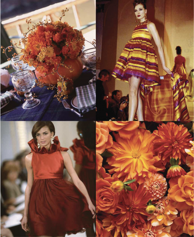 Whether arranging models and apparel for the runway, or her beloved flowers for a lavish bouquet (as featured in Design & Style), Roehm bows to Mother Nature, “the ultimate arbiter of style—you never see a color combination in the natural world that doesn’t work,” she writes.