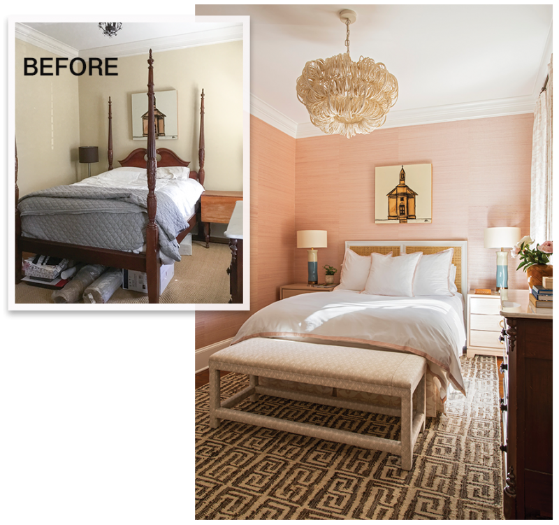 Stay Awhile: In the guest room, Elebash swapped beiges and browns for pinks and creams to create a welcoming suite for guests. Textured touches—the Phillip Jeffries grasscloth wall covering, the Palecek “Monroe” wood-beaded chandelier, and the Serena & Lily “Harbour Cane” headboard—make the room feel fresh and organic with a splash of femininity.