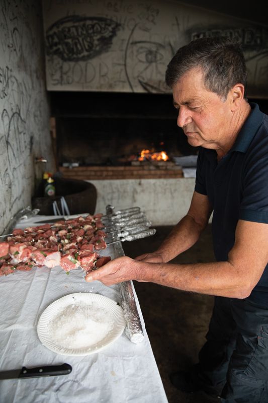 Weekends are for espetada—steak grilled on a laurel skewer over an open fire.
