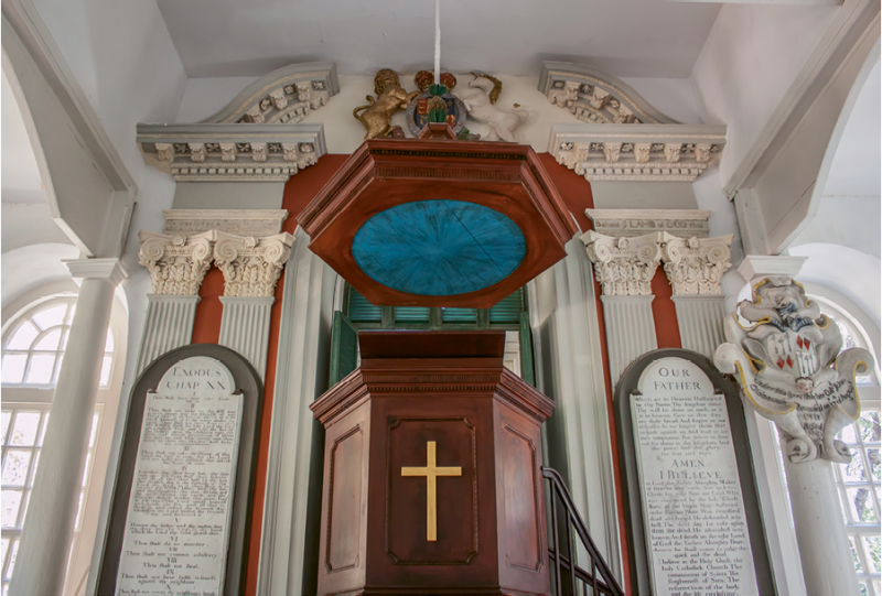 St. James' Goose Creek: A wooden canopy known as the “sounding board” tops the pulpit to help project the minister’s voice.