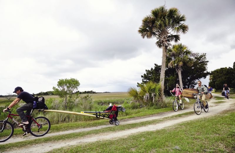 The easiest way to get a heavy surfboard across Bulls Island is by improvised trailer.