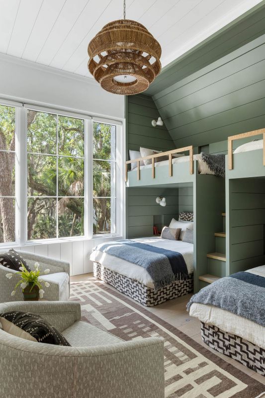 The bunk room pops in Farrow & Ball “Card Room Green”