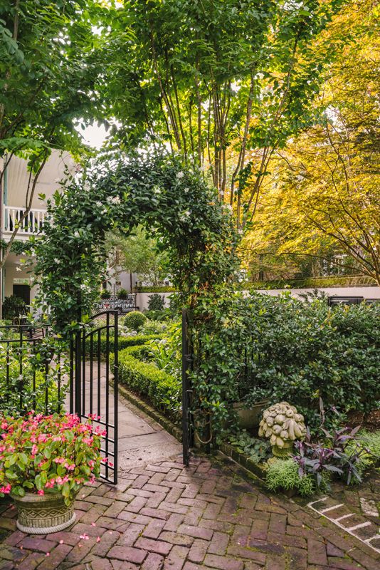 A gate and an arbor covered in star jasmine lead the way to this space.