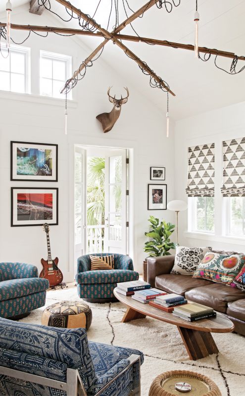 HOME, SWEET HOME: The family room is the Keenans’ haven. Modeled on the former sweet shop that occupied the lot, its tall walls and vaulted ceilings provide plenty of space to showcase the couple’s photography collection and custom Jeff Jones tobacco stick chandelier (“We literally built this room around that fixture,” says Keenan, only half-jokingly.)