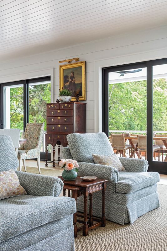 The Dobsons’ existing chairs were recovered in Colefax and Fowler’s “Aran” in “Old Blue.”