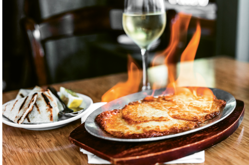 Saganaki, a flaming cheese starter made with sheep’s milk