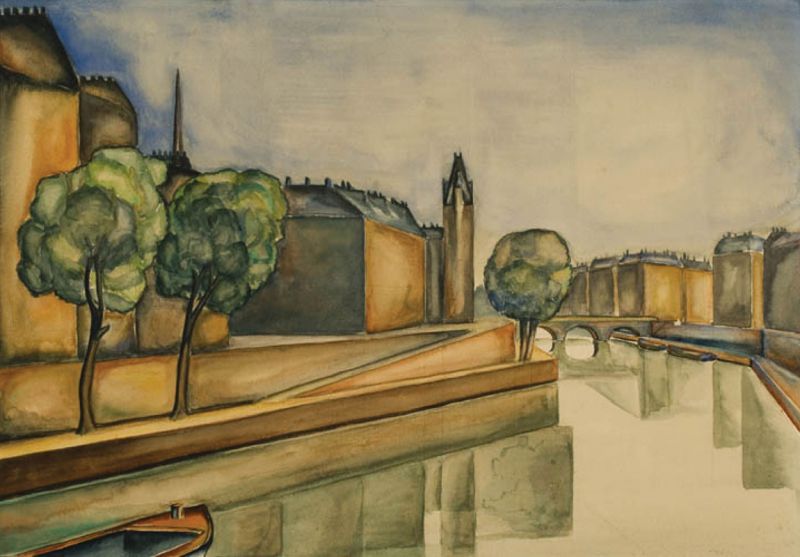 In December 1926, Jennings visited Paris where he studied under artists Mela Mutter (1876-1967) and Walter Rene Fuerst (1885-1948), painting views of the city; On the Seine (watercolor on paper, 1927)