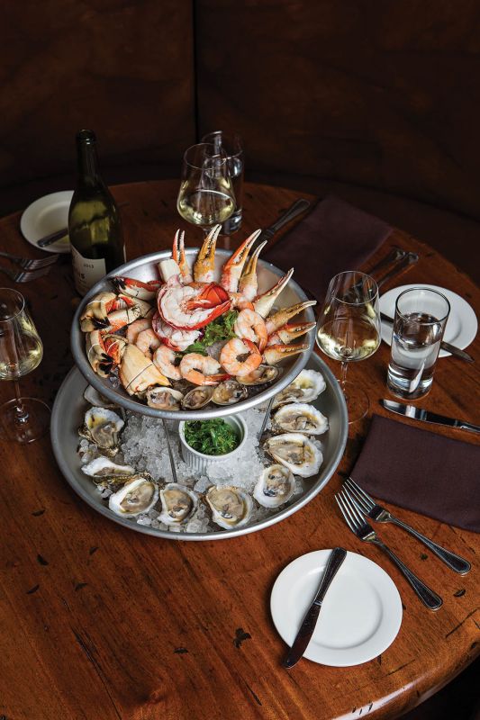 A seafood tower at Oak Charleston