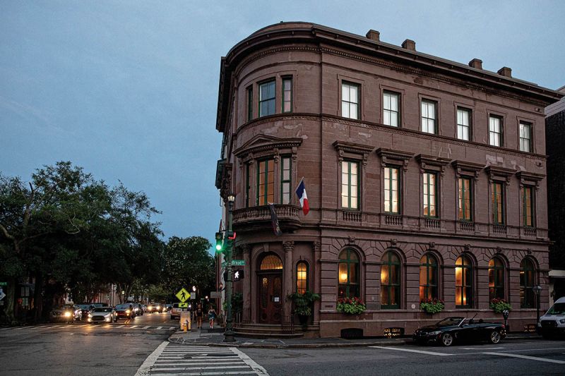 Place with a Past: Built in 1853, the three-story, Renaissance Revival brownstone that now houses Brasserie La Banque was once owned by the company of former blockade runner and Confederate treasurer George Trenholm.