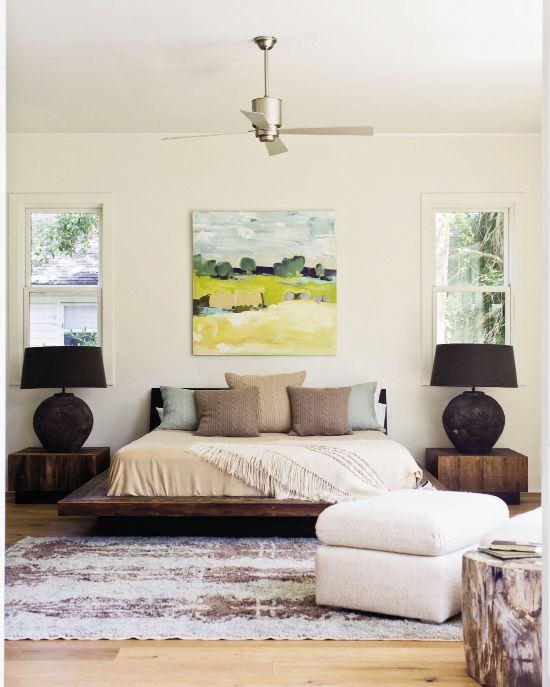 The peroba wood platform bed&side tables are by Environment, painting is by Anne Keane through the Charleston Artist Collective