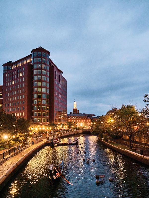 A gondola glides through downtown Providence, a seaport threaded with rivers.