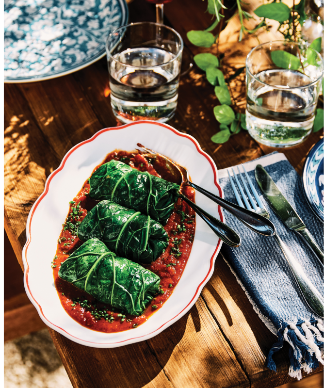 Basic Kitchen’s Sea Island Red Pea-Stuffed Bradford Collards