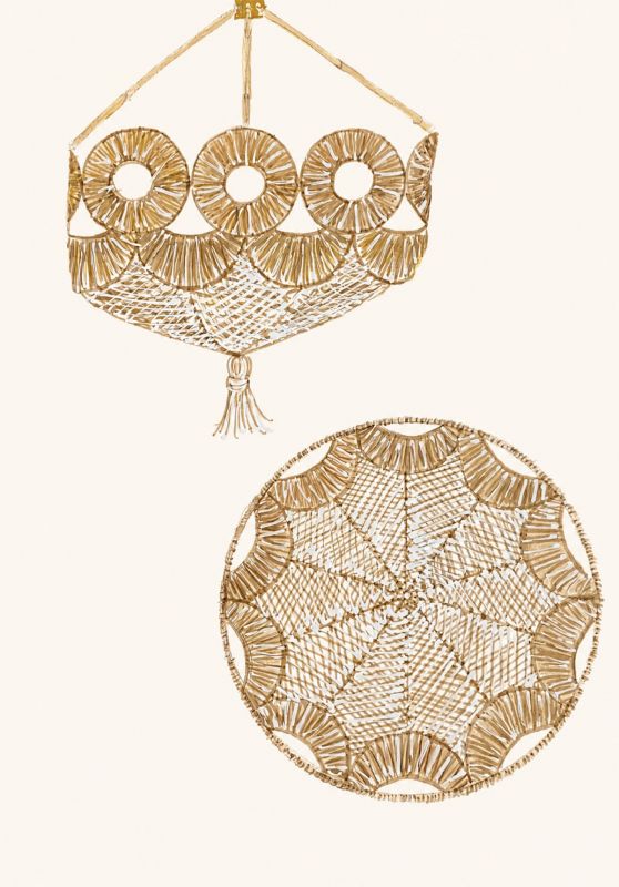 The design process typically begins with a sketch, such as this brass and rattan “Robbie” chandelier.