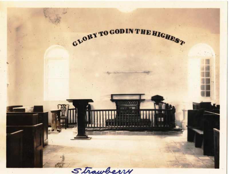 Strawberry Chapel: The letters of the arced inscription over the altar were formed with hundreds of small pine cones.