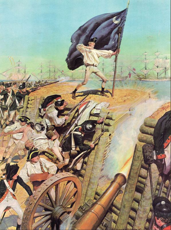 Charleston 1776 (oil on board, 1974) by military artist H. Charles McBarron depicts Continental soldiers repelling the British Navy fleet during the Battle of Sullivan’s Island and Sergeant William Jasper raising the Moultrie flag after it was shot down.