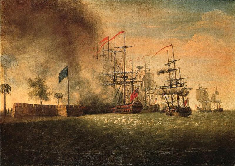 This painting, Sir Peter Parker’s Attack Against Fort Moultrie (oil on canvas, 20 x 30 inches, 1782-1791), illustrates the British Navy’s foiled attempt during the Battle of Sullivan’s Island on June 28, 1776. The fort was named for General William Moultrie after the patriots’ victory.