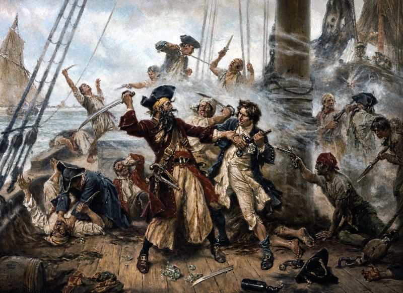 Artist Jean Leon Gerome Ferris’s 1920 painting depicting the 1718 battle between Blackbeard and the Royal Navy in Ocracoke Bay.