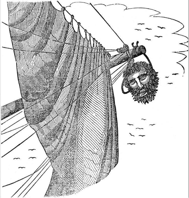Blackbeard's severed head hangs from Maynard's bowsprit, as pictured in Charles Elle's The Pirates Own Book.