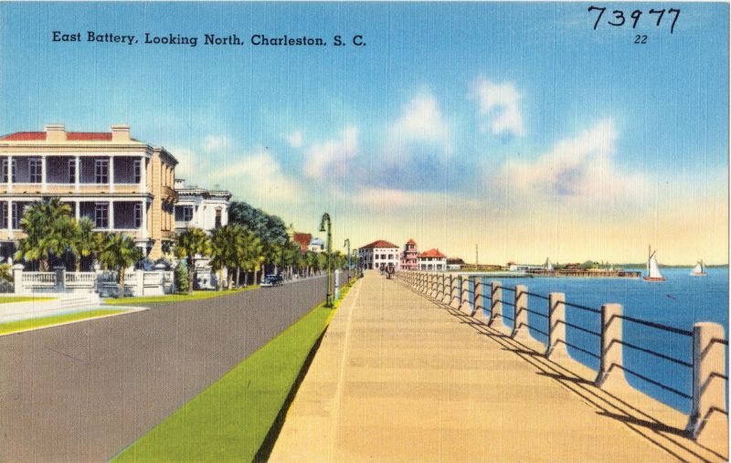 East Battery, Looking North: “The Battery is a beautiful drive along a 1,500-foot seawall. It overlooks Charleston Harbor, offering a marvelous view of the historic harbor fortifications, and beyond the Atlantic Ocean.”