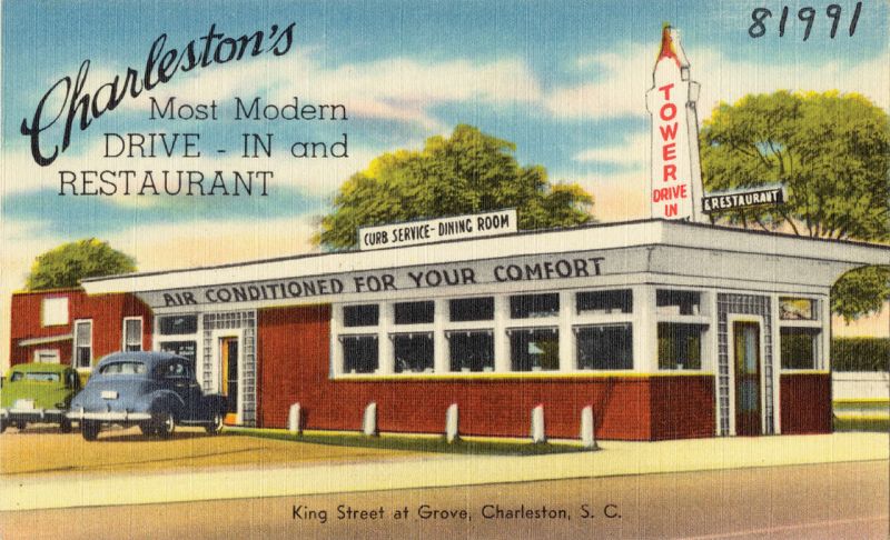 Tower Drive-in & Restaurant: “Every week hundreds of Charlestonians, as well as visitors to the city, enjoy the wonderful food, mouth-watering desserts, and soda fountain favorites served at ‘The Tower,’ located on King Street at Grove. ‘The Tower’ is famous not only for its curb service, but also for the restful atmosphere of its cozy dining room. A trip to ‘The Tower’ is an experience you’ll long remember.”