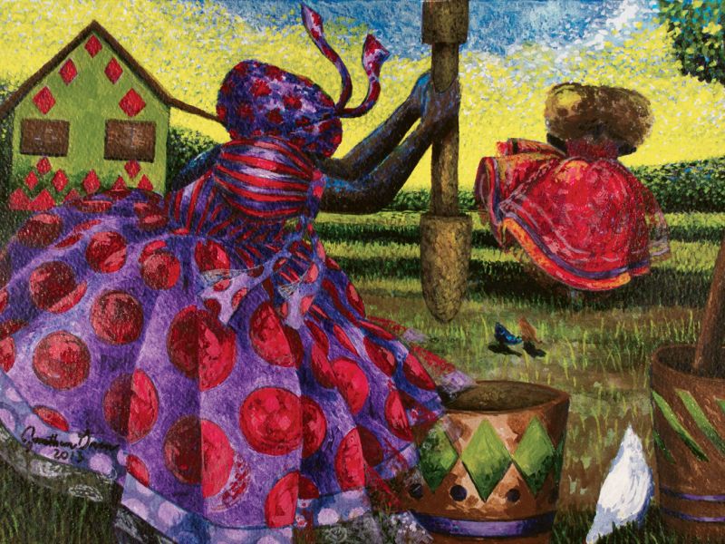 Early Morning Husking (acrylic on watercolor, 11 X 14 1/2 inches, 2012)