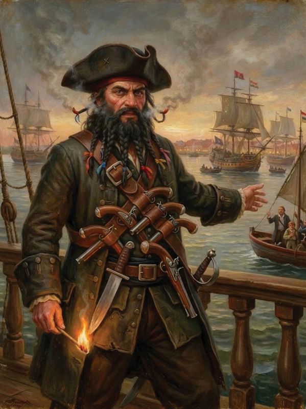 One of the most feared pirates in the Atlantic, Blackbeard—also known as Edward Teach or Thatch (circa 1680-1718)—terrorized shipping routes along the Carolina coast during the Golden Age of Piracy. In May 1718, he blockaded Charles Town Harbor for nearly a week, capturing vessels and holding passengers hostage until colonial officials delivered a large chest of medicines as ransom.