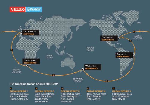 The Race Route: Velux 5 Oceans. After departing from La Rochelle, France, competitors circumnavigate the globe across five oceans, stopping in five ports along the way: Cape Town, South Africa; Wellington, New Zealand; Salvador, Brazil; Charleston, South Carolina; then back to La Rochelle. Boats will begin arriving in Charleston around April 25 and leave May 14 on the final leg back to France. The Van Liews plan to be highly involved in the Lowcountry stop. Image courtesy of www.velux5oceans.com
