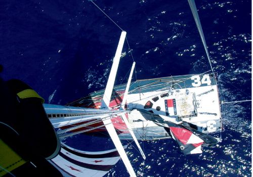 To repair the gennaker halyard, a line that hoists the sails, Brad climbs solo to the top of his mast. His bruised arms document the rough nature of such an endeavor.